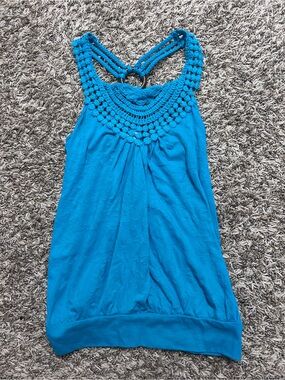 Vanity Turquoise Crochet Yoke Tank Top